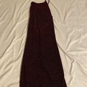 High neck, open back red sparkle dress
